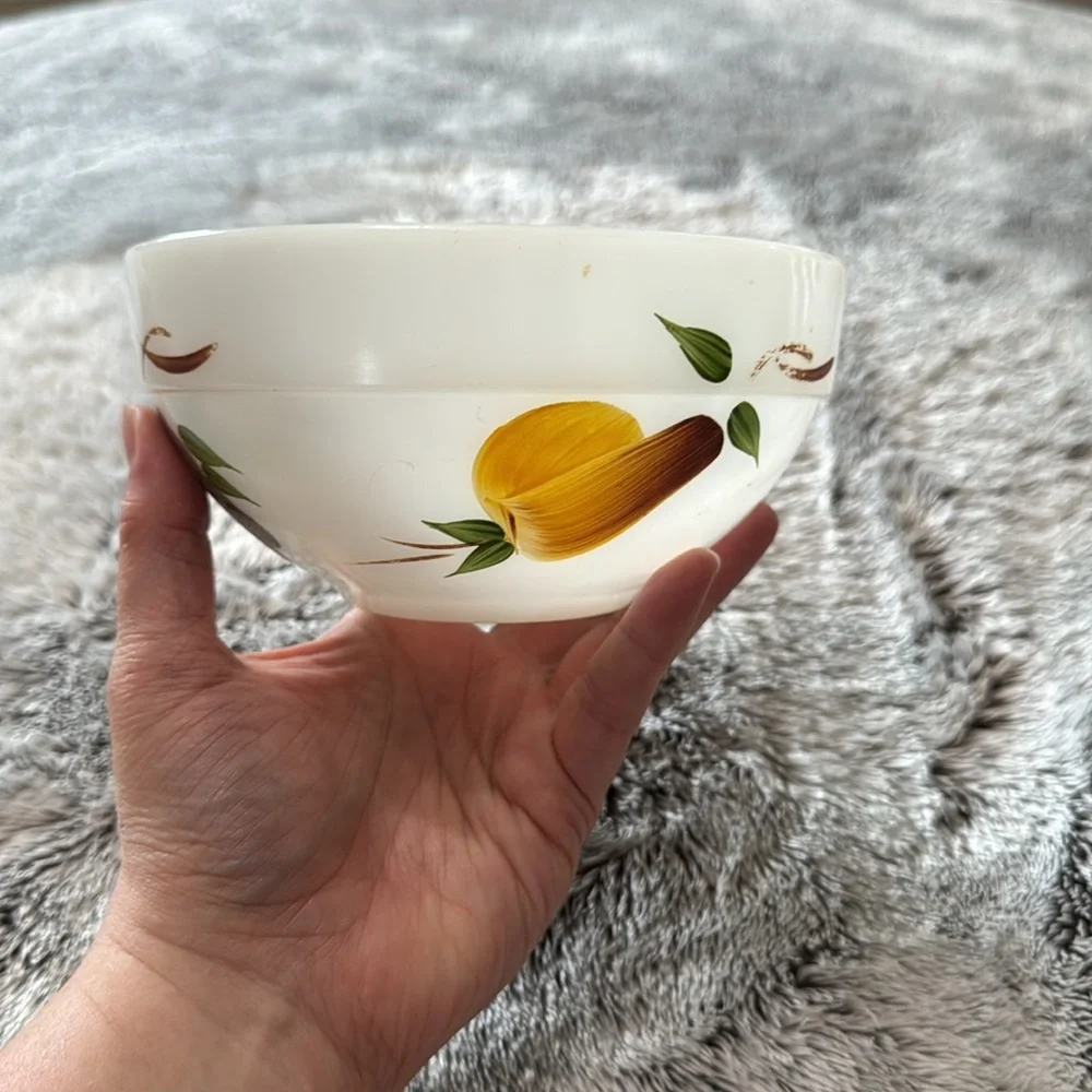 VTG Anchor Hocking Fire King Gay Fad Fruit Pattern Hand Painted White Milk Glass